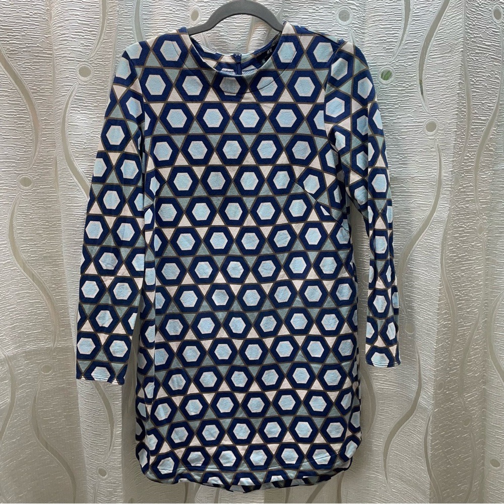 H&M Geometric Hexagon Print Shift Dress Womens Small Blue Long Sleeve Cotton EX